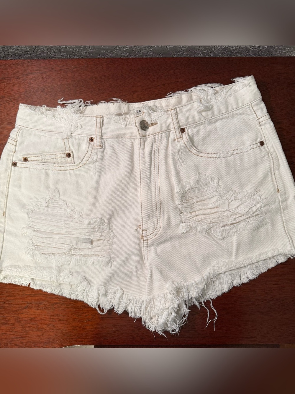 Forever 21 White Distressed Frayed Hem Denim Shorts
